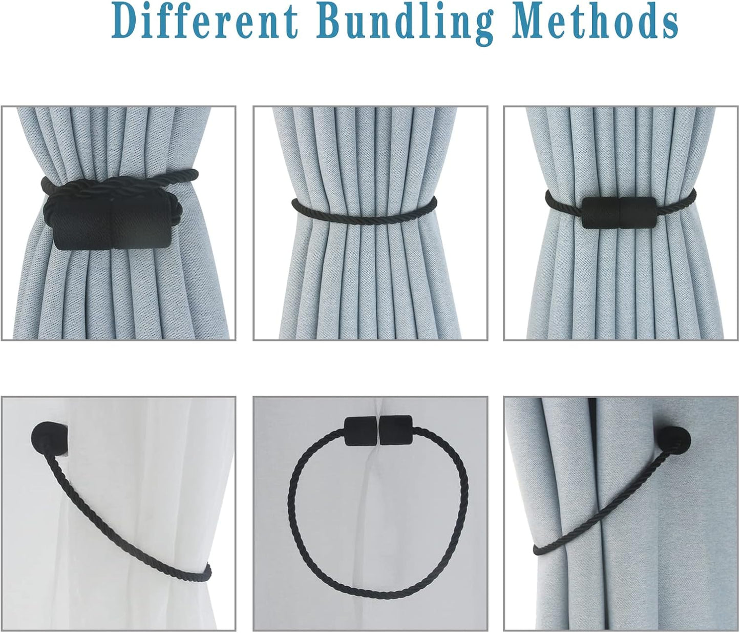 Magnetic Curtain Tiebacks 2 Pack Black Curtain Rope Tieback Curtain Holders for Drapes Modern Tie Backs Decorative Curtain Holdbacks