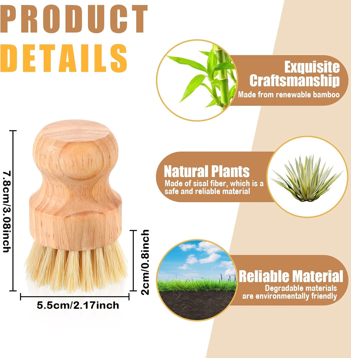 Nuenen 50 Packs Bamboo Dish Scrub Brushes Wooden Scrubbers Set Kitchen Dishwashing Scrubber with Natural Sisal Bristles for Iron Pot Pan Sink