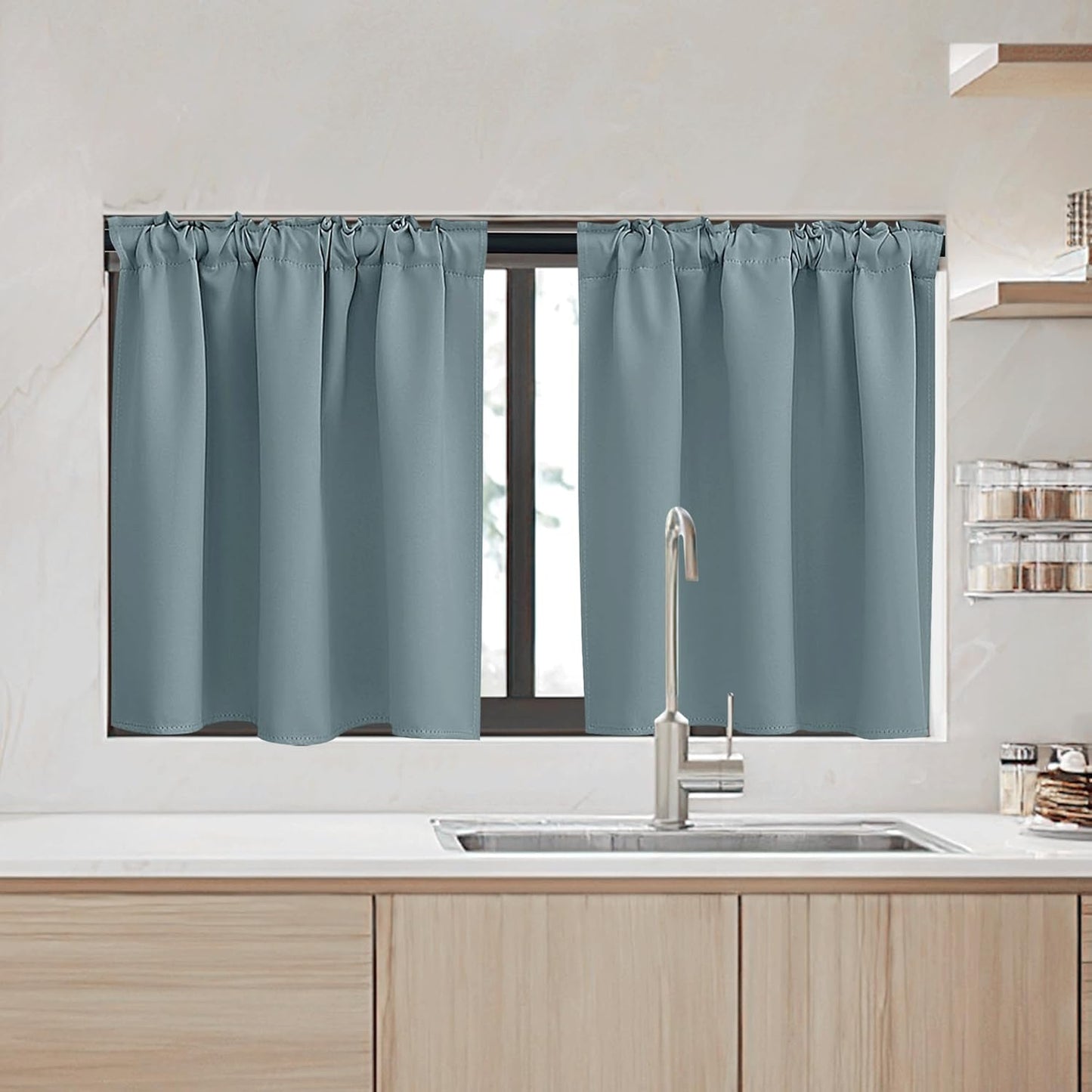 RYB HOME Kitchen Window Curtains - Blackout Privacy Half Window Curtains for Bedroom Bathroom Dining Living Room Cafe Office Short Tiers Drapes, W 34 x L 36 inches, 2 Panels, Dusty Blue