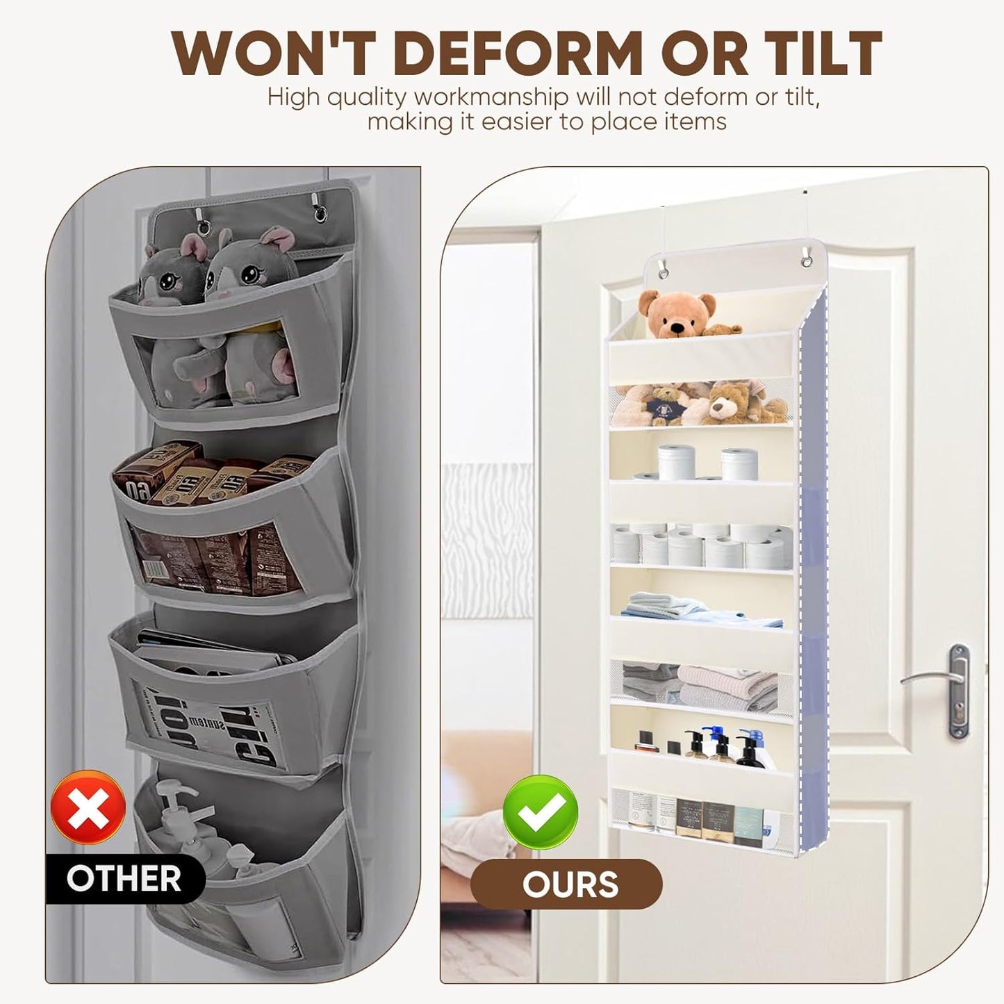 QINGUANG Over The Door Organizer,Hanging Organization and Storage, Behind Door Organizer with Side Pockets, 35 lbs Capacity,Anti Tilt, for Nursery, Bathroom, Bedroom,Dorm 4-Shelf Beige