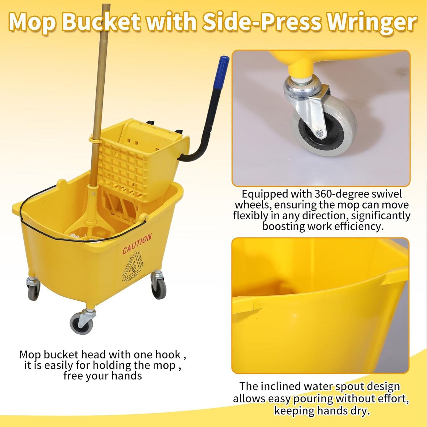 Commercial Mop Bucket with Side-Press Wringer for Floor Cleaning, 35 Quarts, Yellow, Including One Commercial Mop