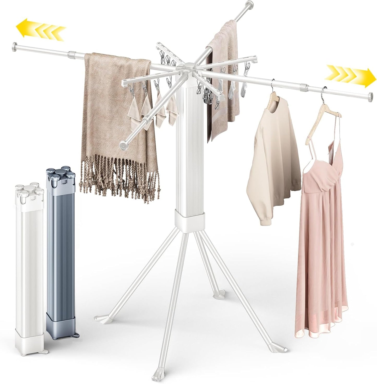 BIREN Clothes Drying Rack Foldable Extending Laundry Rack with 16 Clips Collapsible Clothing Rack Space-Saving Clothing Racks for Hanging Clothes, Indoor, Camping, Balcony, Outdoor