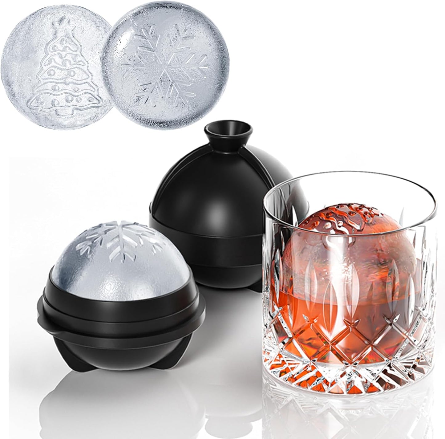 Novelty Christmas Tree Snowflake Ice Ball Maker Mold Set of 2, Christmas Ornament Ice Molds, 2.4" Large Holiday Round Whiskey Ice Cube Mold for Bourbon, Cocktails, Gifts for Men