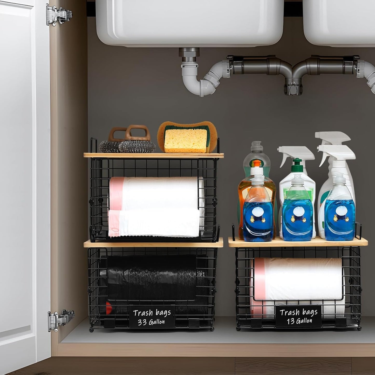 Upgrade Larger, Fit 13/30/33+ Gallon Trashbag Perfectly - 1 SET Stackable Trash Bag Holder with Tags & Bamboo Top, Garbage Bag Dispenser Stand, Kitchen Pantry Under Sink Laundry Room Organizer Basket