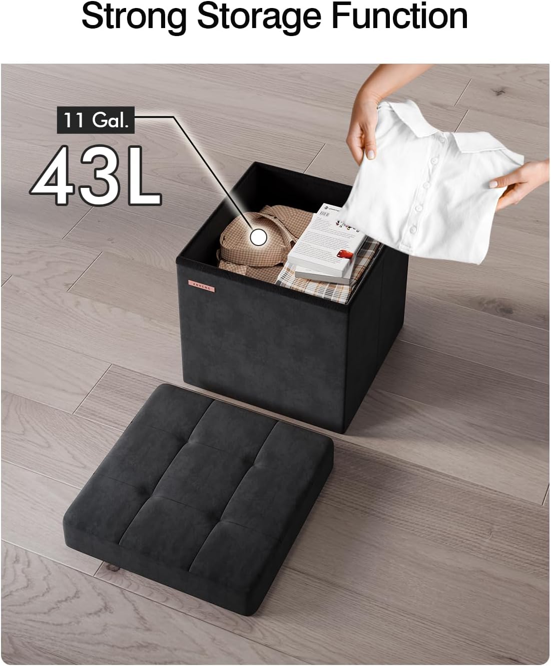 Folding Storage Ottoman, Velvet Storage Bench, Footrest, Footstool, for Living Room, Bedroom and Office,15 x 15 x 15 Inches, 300 kg Load Capacity, Ink Black,UASND04B