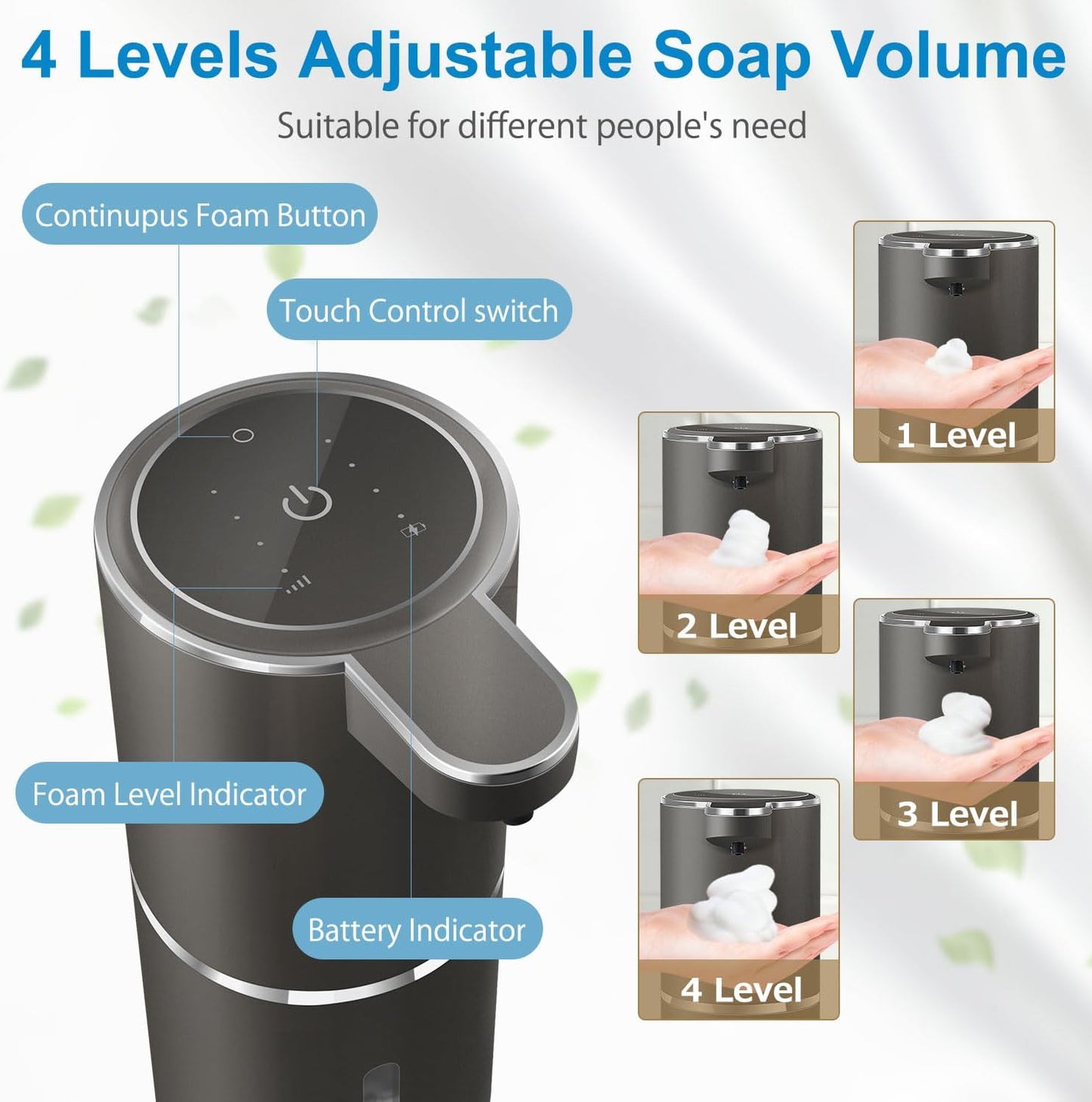 Automatic Foaming Soap Dispenser,4-Level Adjustable Foam, Wall Mount, USB Rechargeable,12.8oz/ 380ml,Touchless Hand & Dish Soap Dispenser for Bathroom, Kitchen,Hotel, Restaurant