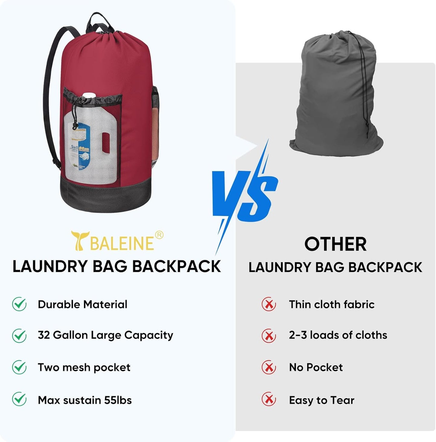 BALEINE 150L Laundry Bag Backpack, 900D Oxford Fabric Large Travel Laundry Bags with Shoulder Straps and 2 Mesh Pockets for College Dorm, Apartment, Laundromat (Red, 150L) ﻿