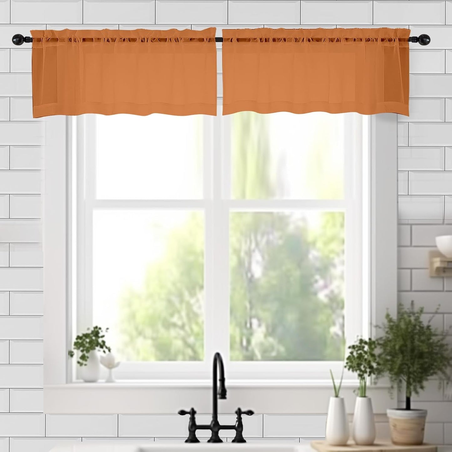 Chyhomenyc Sheer Valances for Windows 2 Pack, Small Window Curtains for Living Room Bathroom Cafe Laundry Basement, Modern Top Dual Rod Pocket Voile Curtain, 42W x 18L inches, Orange