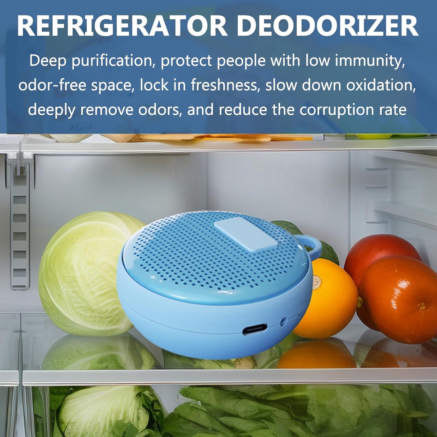 Refrigerator Deodorizer, Fridge Odor Absorber, Mini USB Rechargeable Ozone Odor Eliminator, Reusable for Fridge, Car, Closet, Wardrobe (Blue)