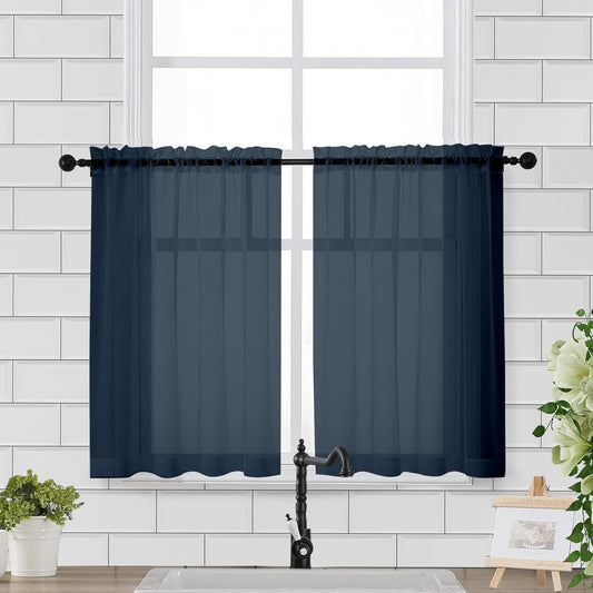 Chyhomenyc Sheer Window Curtains Tier 2 Pieces Set, 36 inch Length, Short Dining Curtains Window Treatment for Small Windows/Bathroom/Cafe/Living Room, Rod Pocket, Navy Blue