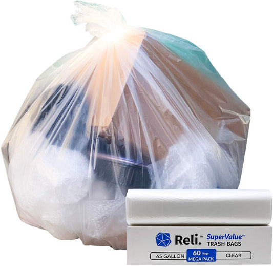 Reli. SuperValue 65 Gallon Trash Bags | 60 Count | Made in USA | Heavy Duty | Clear Multi-Use Garbage Bags
