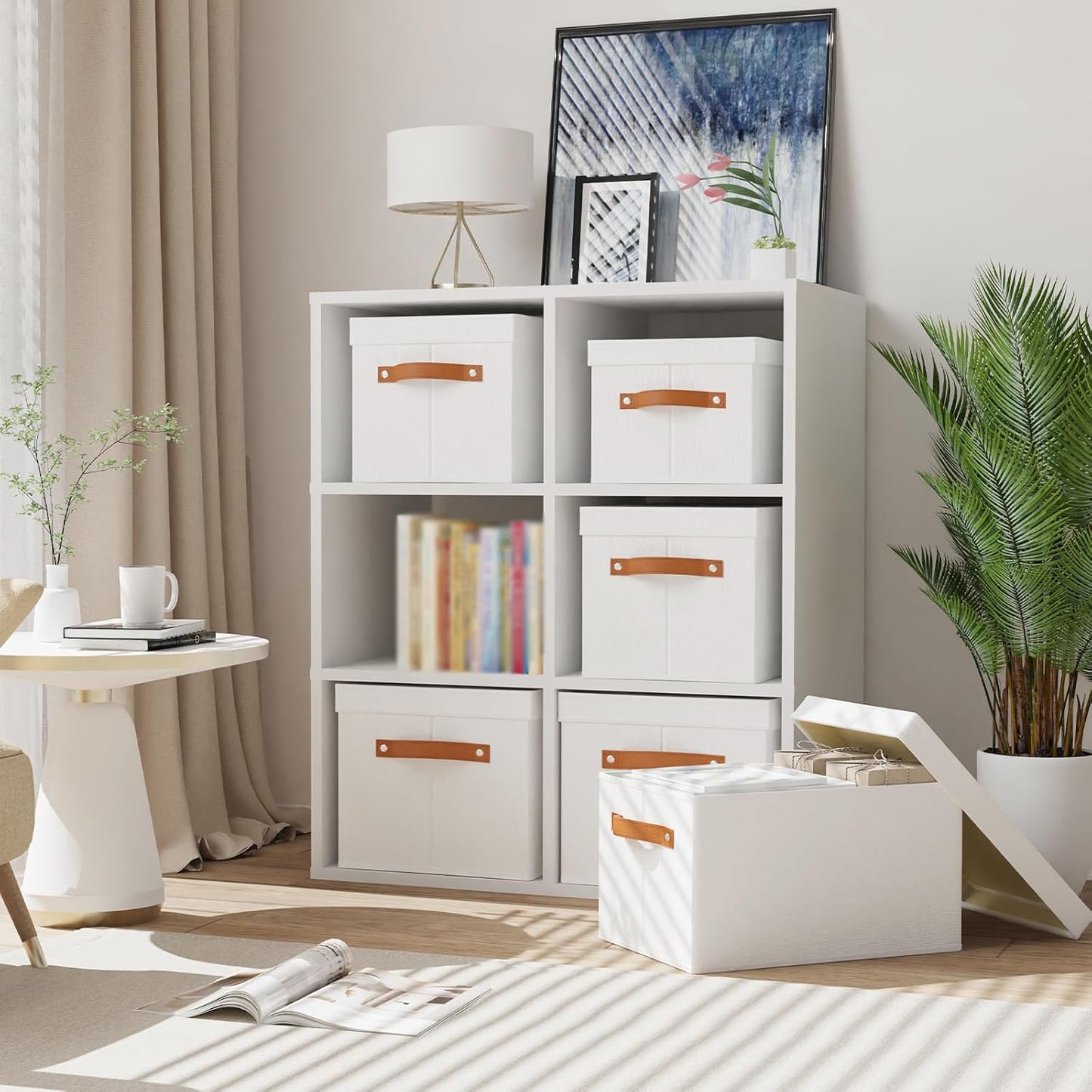 Fabric Storage Bins, 7.1 x 9.1 x 13 Inch Clothes Boxes for Shelves with Lids, Baskets for Organizing with Handles, Decorative Linen Closet Organizers, White, 1 Pack