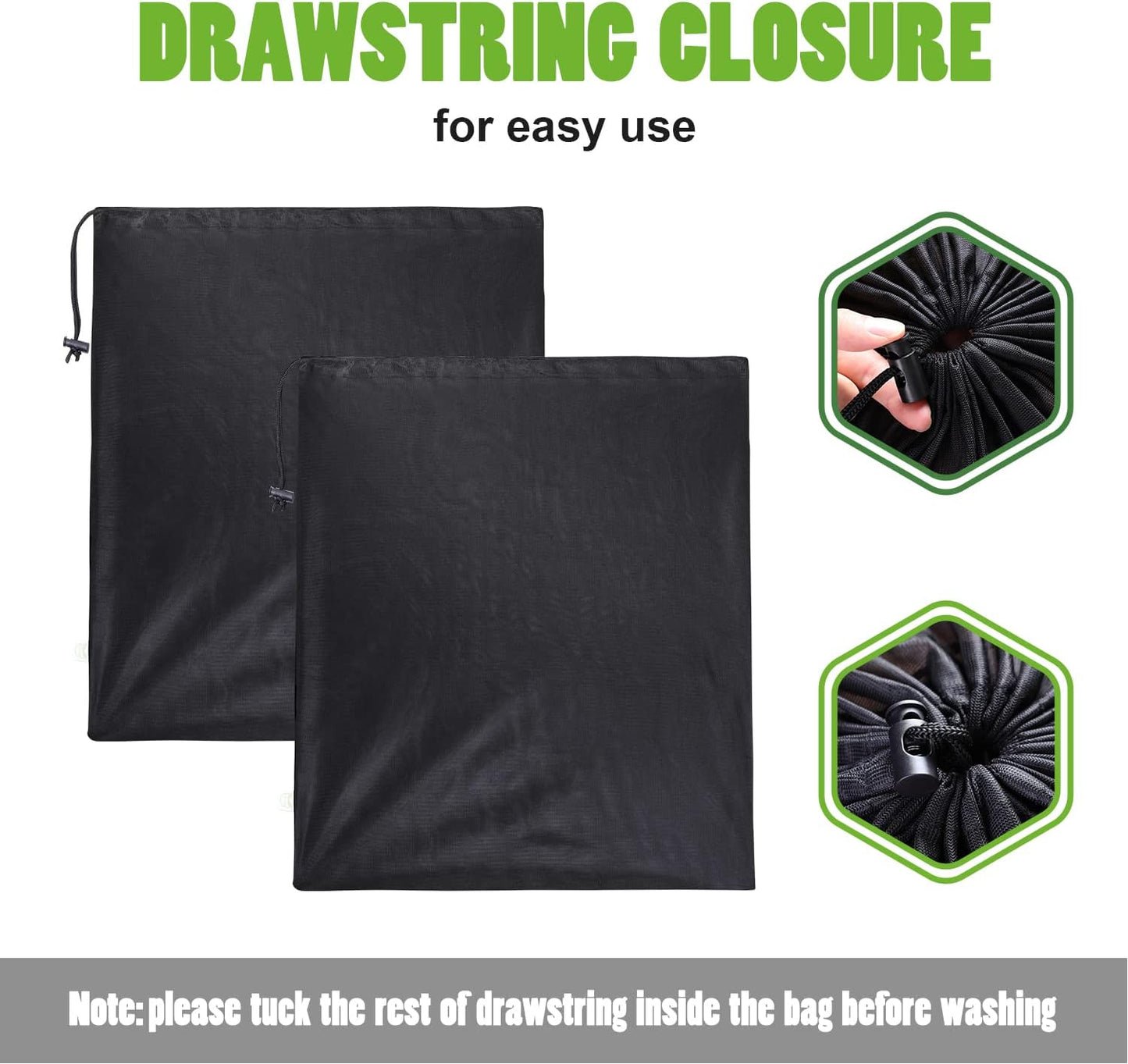 OTraki 20x24 inch Mesh Laundry Bags 2 Pack Fine Mesh Heavy Duty Drawstring Bag Washable Medium Toy Sack Washing Bag for Home Dorm Hotel Camp Beach Travel Storage Black