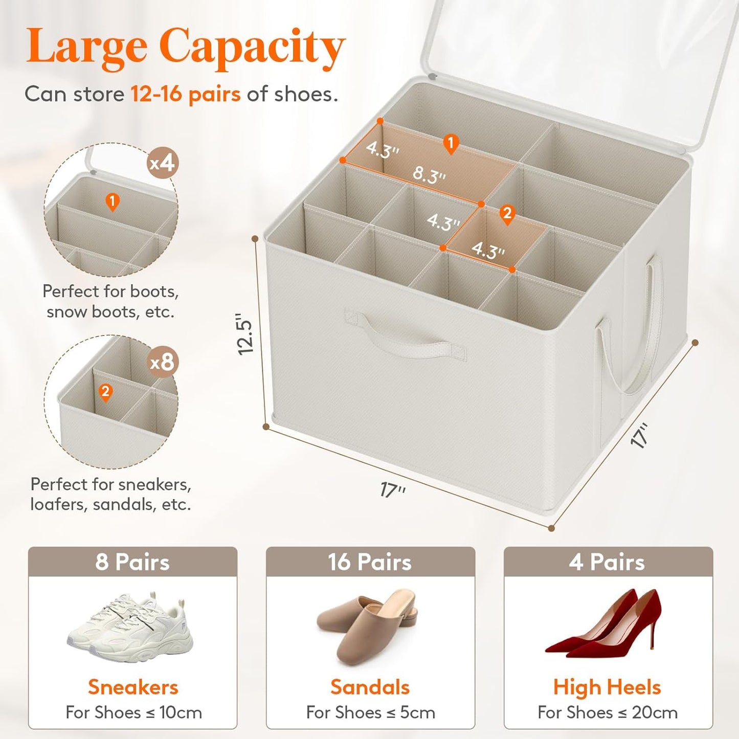 Lifewit Shoe Storage Organizer for Closet Fits 12-16 Pairs, Fabric Large Shoe Box Storage Container with Clear Cover, Foldable Bins Fit for Boots Heels Sneakers 17"(L) x 17"(W) x 12.5"(H) 3 Pack White