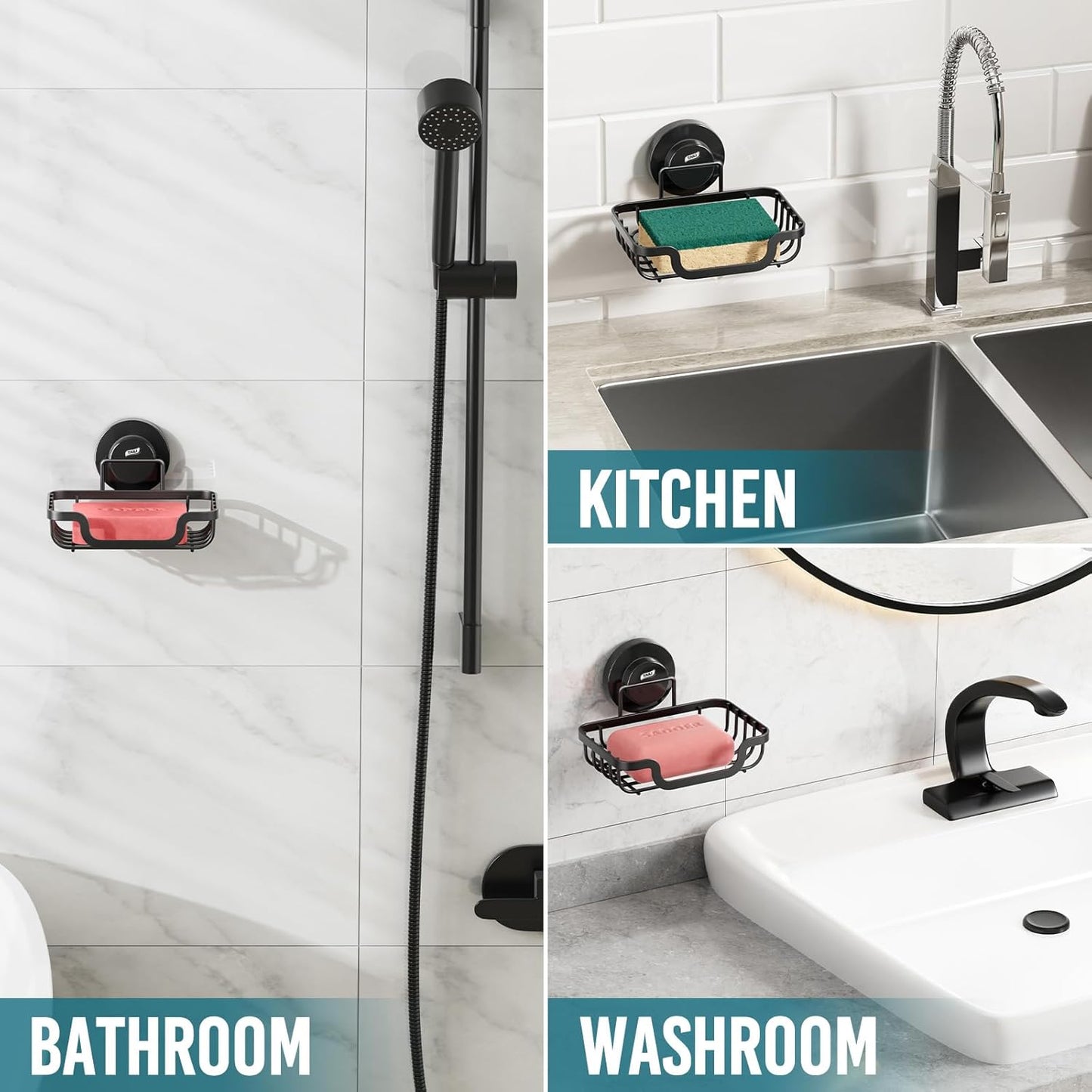 TAILI Soap Holder Bar Dish Suction Cup, Bar Shampoo Rack for Shower Wall, Draining Soap Saver Tray for Bathroom, Rustproof Stainless Steel Sponge Holder for Tub, Kitchen, Drill-Free, Black