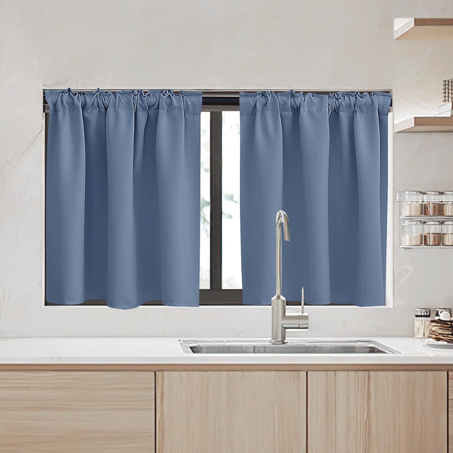 RYB HOME Kitchen Window Curtains - Blackout Privacy Half Window Curtains for Bedroom Bathroom Dining Living Room Cafe Office Short Tiers Drapes, W 34 x L 36 inches, 2 Panels, Stone Blue