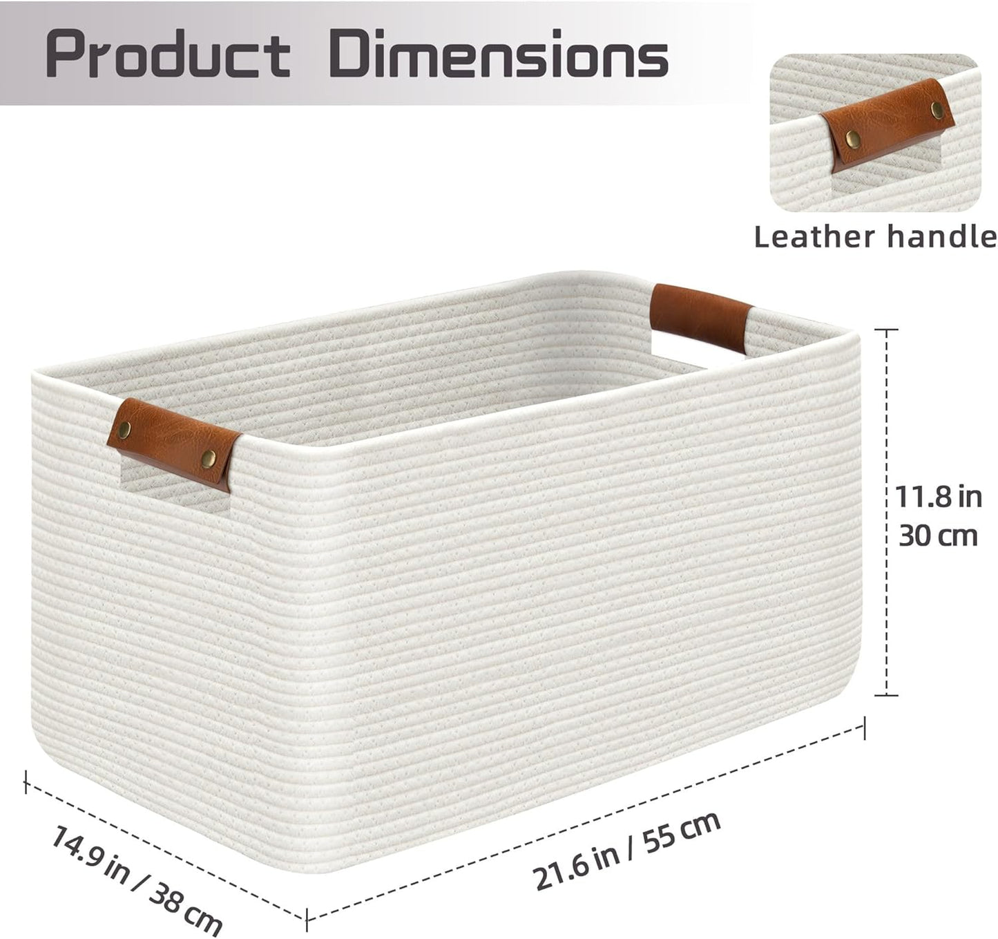 Large Collapsible Laundry Basket, Clothes Hamper for Blanket, Toy, Towels, Woven Baskets for Storage, Nursery Home Decor Living room 21.6" x 15" x 11.8" White