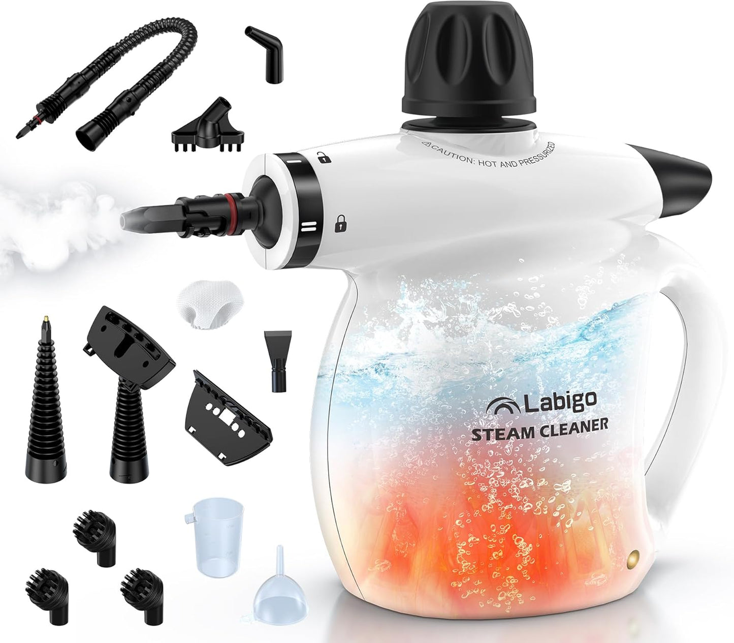 LABIGO Steam Cleaner, Pressurized Handheld 13pcs Multi-Purpose Natural Deep Cleaning Steamer, Portable Steamer for Cleaning Home, Grout, Kitchen, Car, Window, Upholstery, Bathroom and Clothes, White