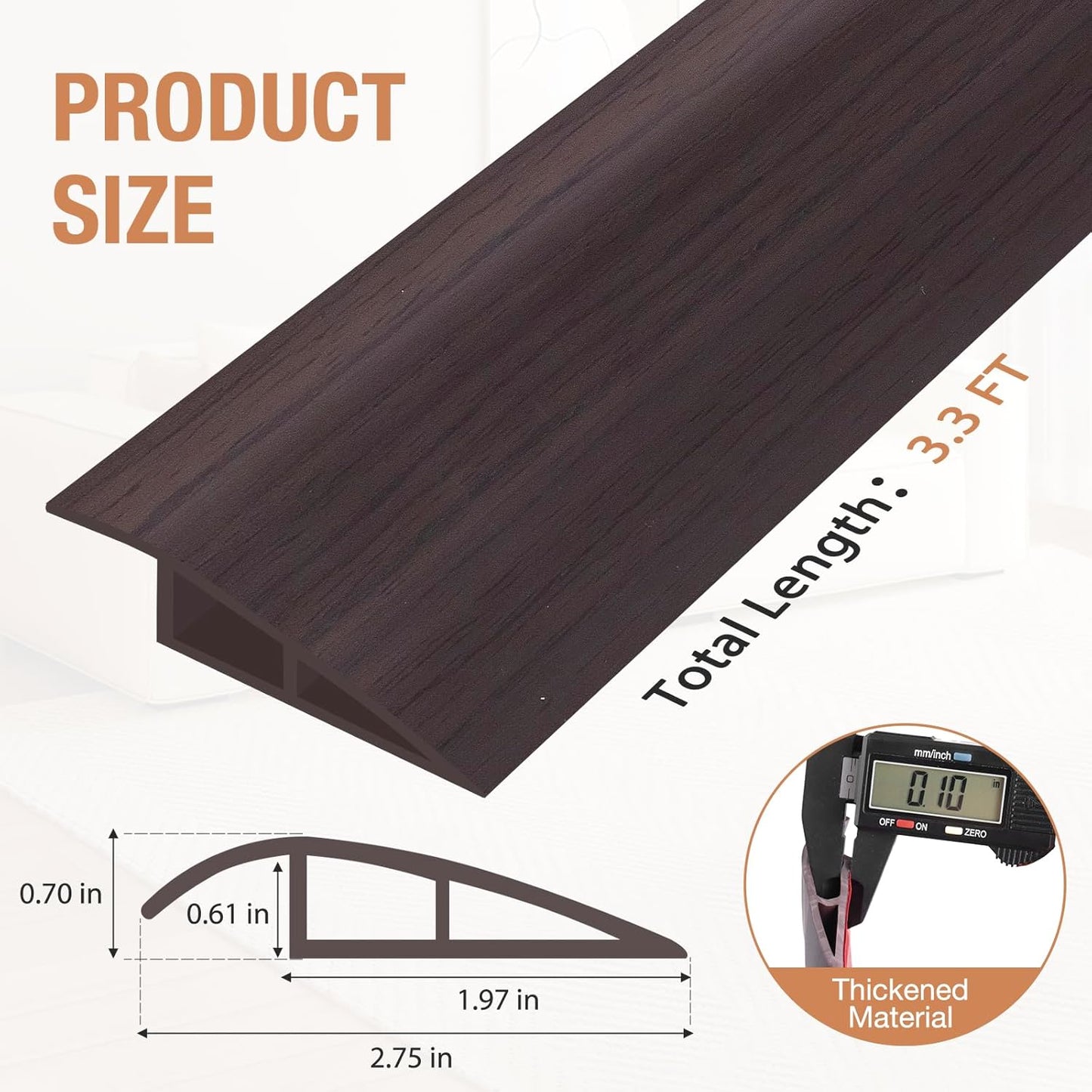 Floor Transition Strip Self Adhesive Vinyl Door Threshold for Doorways Carpet Edging Trim Overlap Edge Reducer for Laminate Floor, Carpet, Tile (Dark Walnut Grain, 2/5" to 3/5", 3.3Ft)