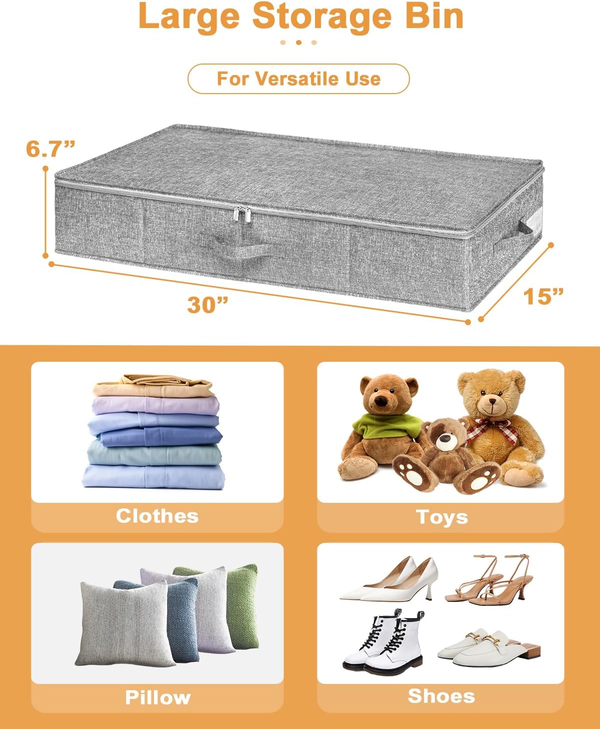 Under Bed Storage, 2 Pack Underbed Storage Container Bags With Lid, Foldable Sturdy Clothes Storage Drawer Organizer W/ 3 Handles, Ultra Thick Fabric Blanket Shoe Storage Box, 30x15x6.7inch, Grey