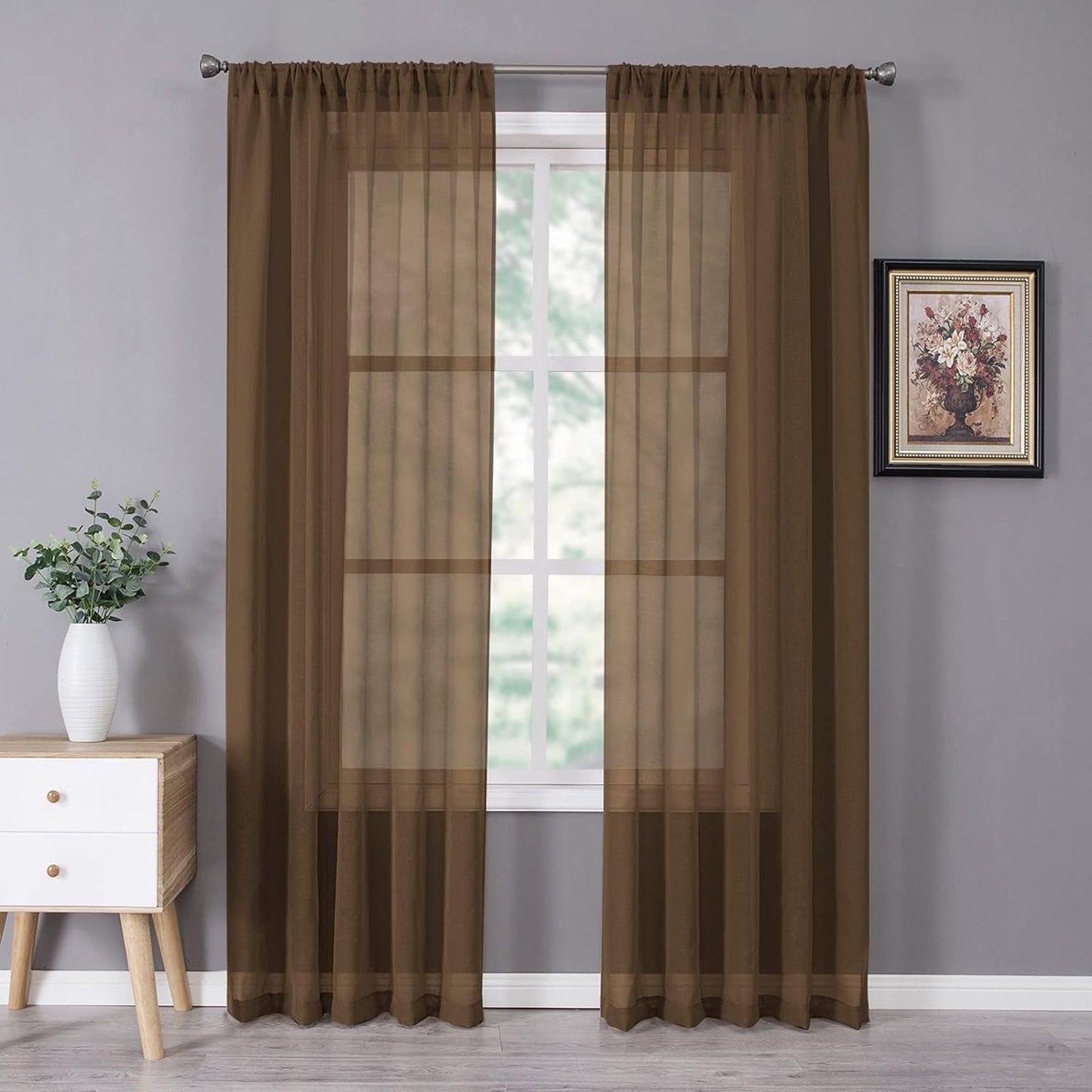 Tollpiz Sheer Curtains Bedroom Linen Textured Curtain Sheers Light Filtering Voile Rod Pocket Curtains for Living Room, 38 x 84 inches Long, Brown, Set of 2 Panels