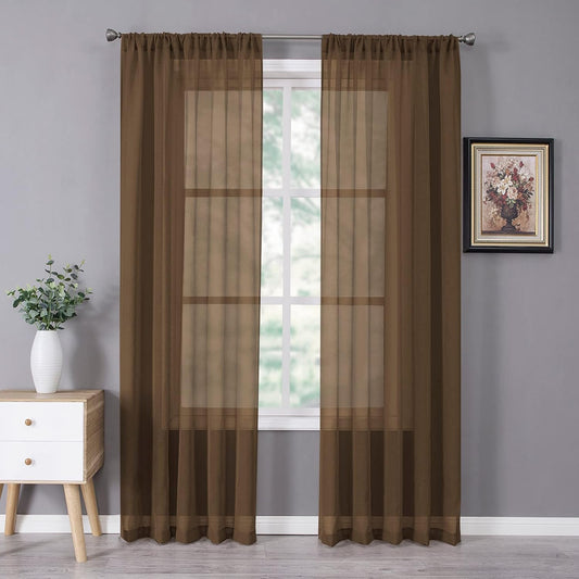Tollpiz Sheer Curtains Bedroom Linen Textured Curtain Sheers Light Filtering Voile Rod Pocket Curtains for Living Room, 38 x 84 inches Long, Brown, Set of 2 Panels