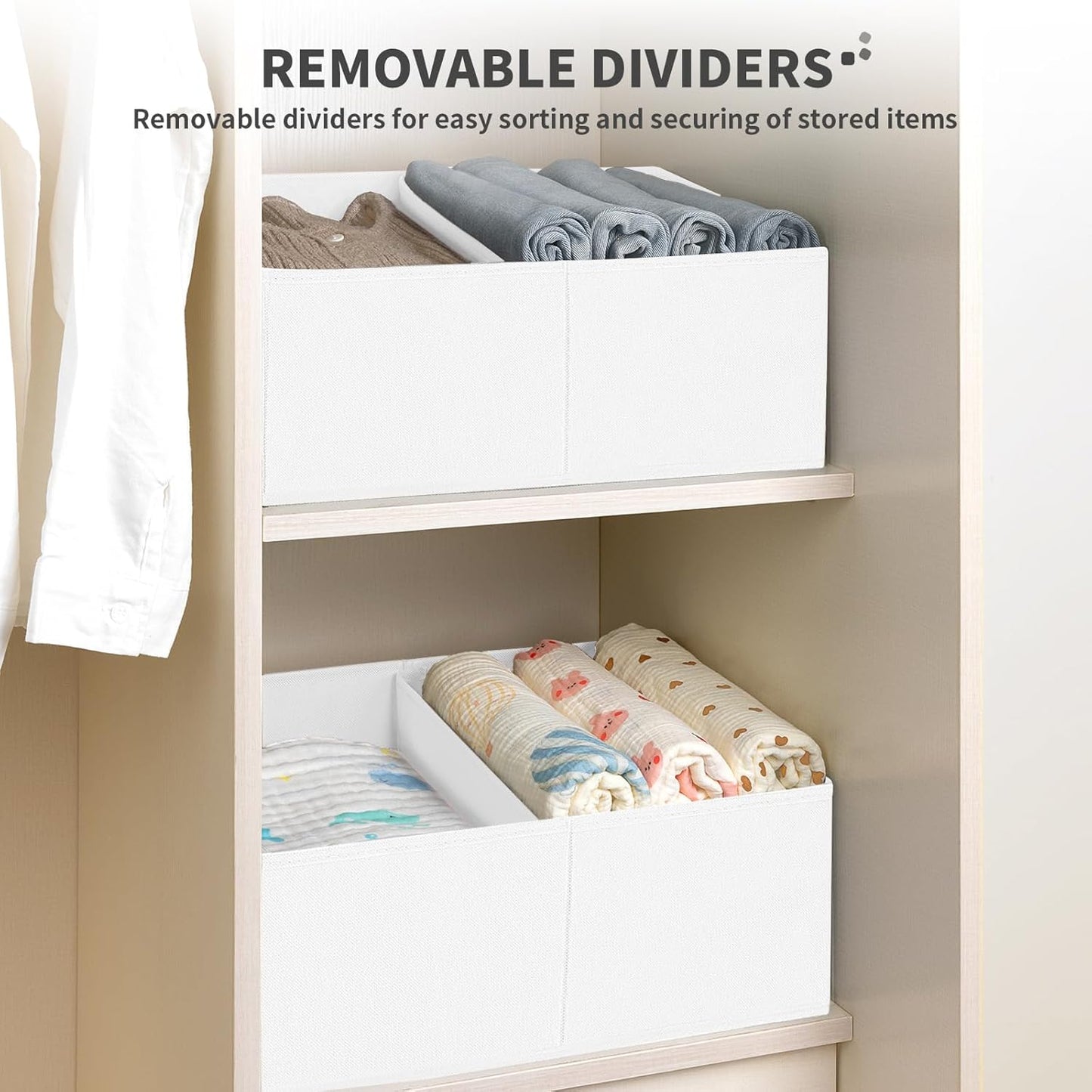 DIMJ Large Closet Shelf Organizer Bins 4 Packs with Handles and Divider, Fabric Trapezoid Storage Baskets, Foldable Clothes Containers Box for Shelf, Towel, Book, Toy, Purse, Hats, Pink