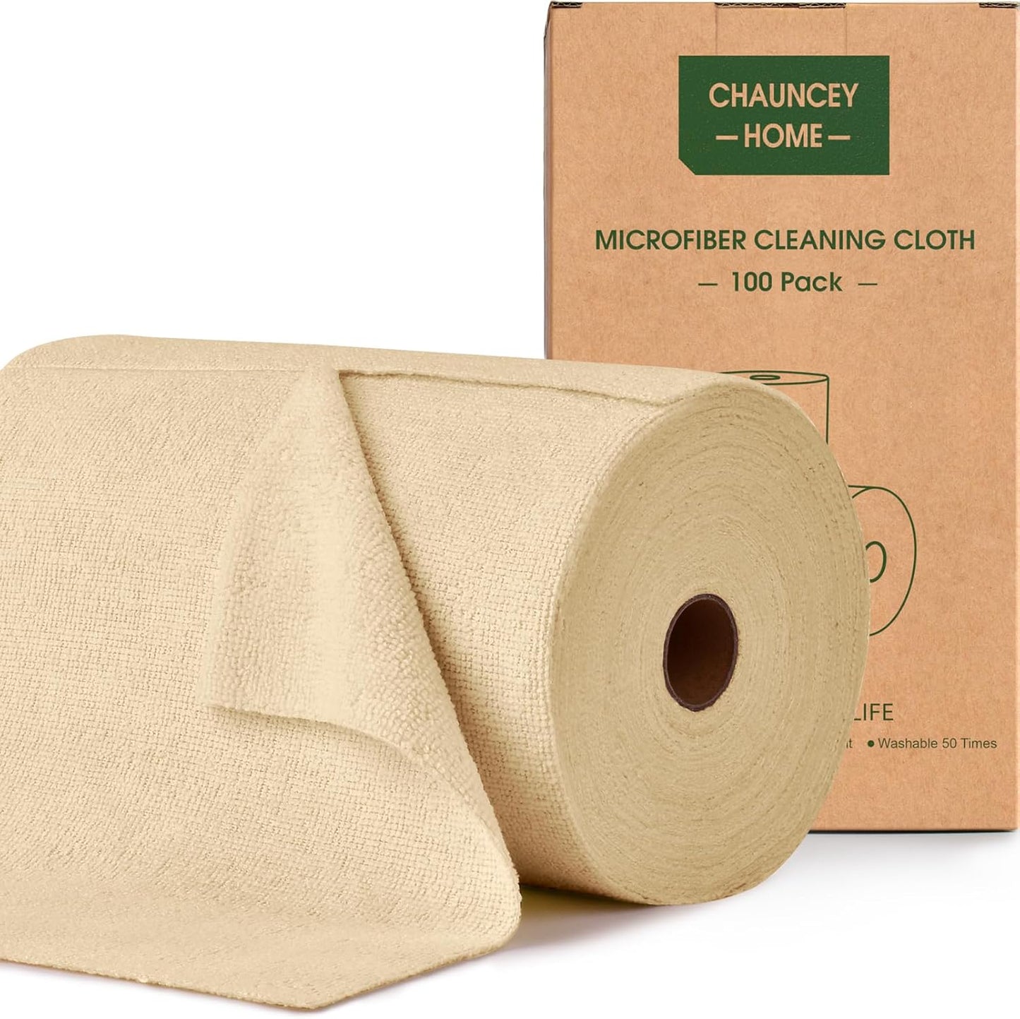 Roll of Microfiber Cleaning Cloth –100 Pack, Tear Away Microfiber Towels, Reusable, Washable, Scratch-Free, Kitchen Towels for Car, Home, Kitchen, Glass, Dishes(Wheat Beige)