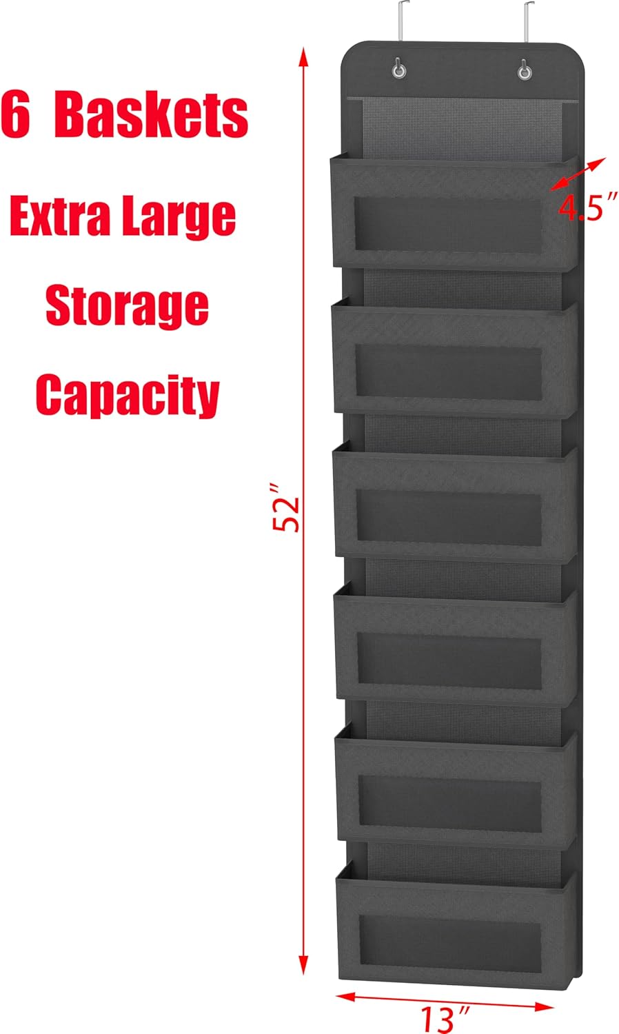 Simple Houseware 6 Clear Window Pocket Over Closet Door Storage Hanging Organizer for Bedroom, Bathroom, Pantry, Dark Gray