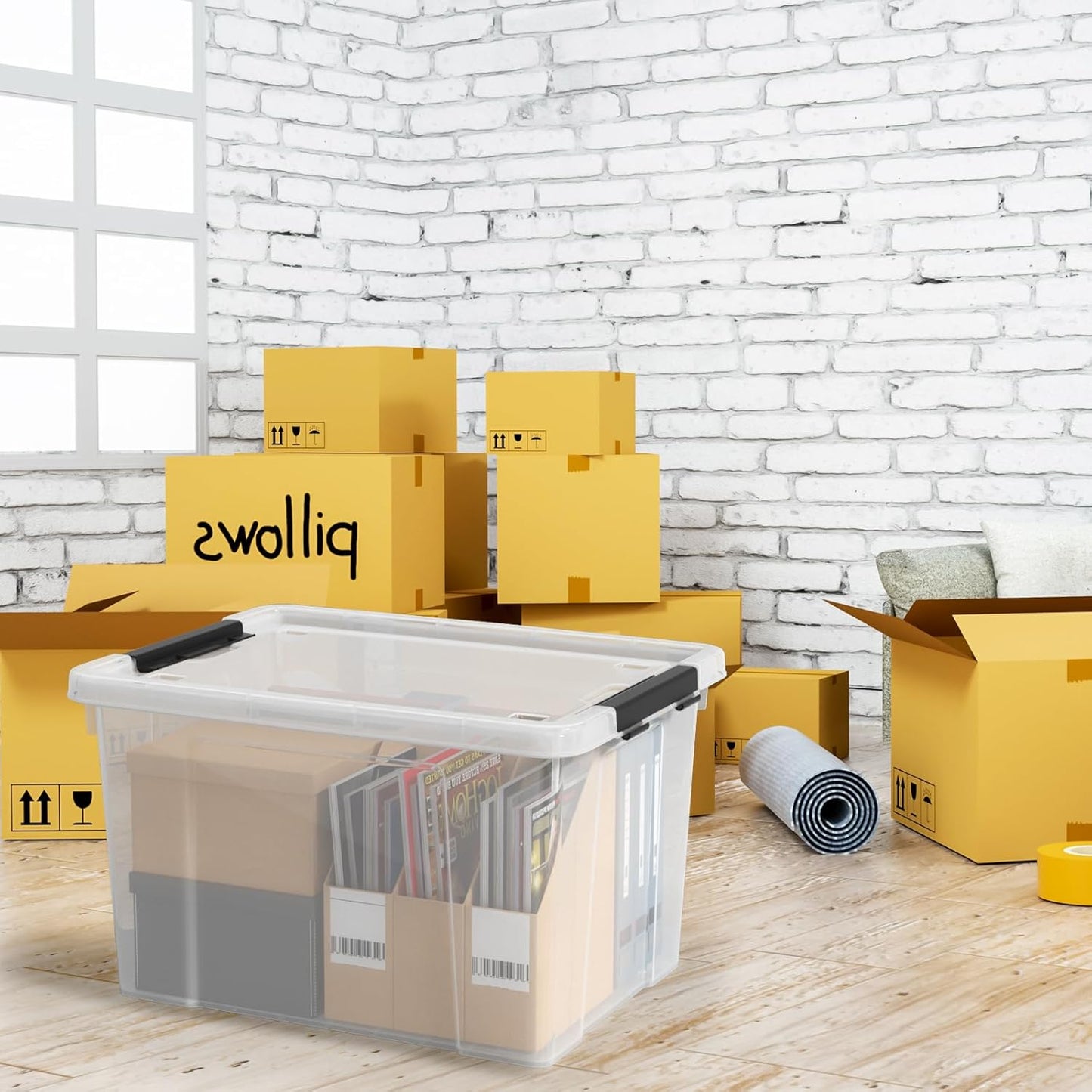 Set of 4 50 L Stackable Plastic Storage Container with Latching Lids and Wheels, Clear Home Garage Organization Bins Box, See-Through