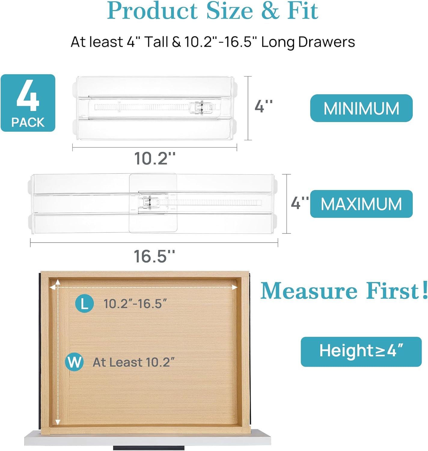 Vtopmart 4 Pack Drawer Dividers for Clothes, 4" High 10.2"-16.6" Adjustable Expandable Dresser Drawer Organizer, Clear Plastic Separators for Dresser, Baby Clothing, Underwear, Cosmetic, Toiletries