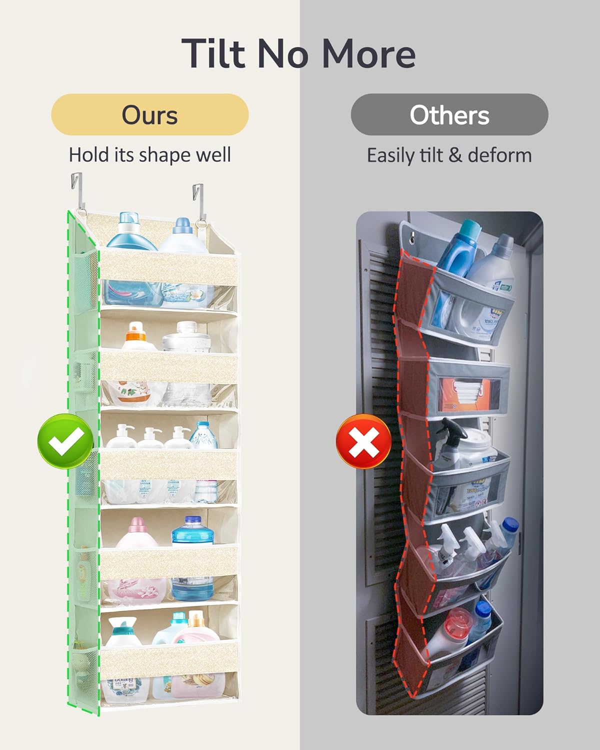 ULG 1 Pack Over Door Organizer with 5 Large Pockets 10 Mesh Side Pockets, Upgraded Linen Texture Over The Door Storage, 44 lbs Weight Capacity Hanging Storage Organizer, Ivory