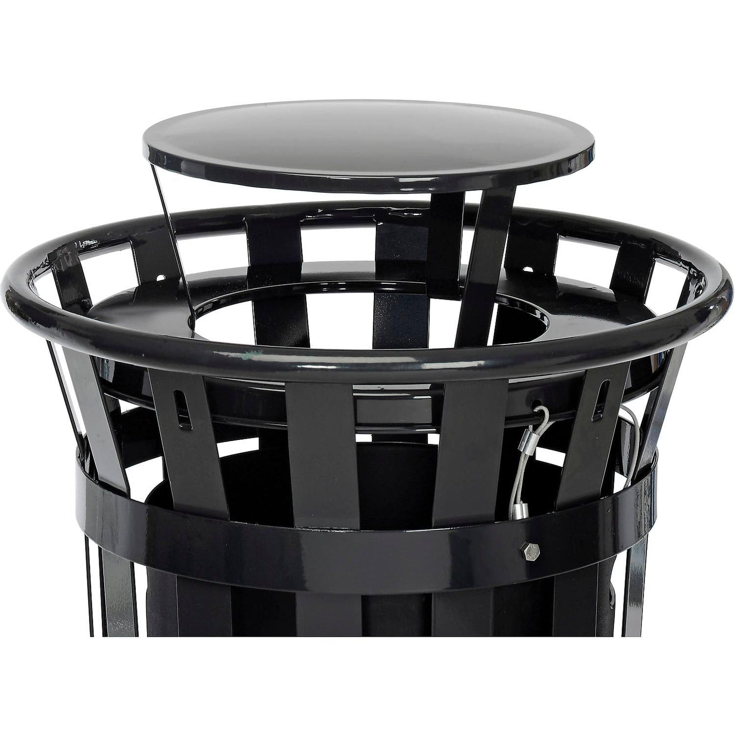 Global Industrial 24 Gallon Heavy-Duty Outdoor Metal Slatted Round Trash Receptacle with Rain Bonnet Lid, Powder Coat Finish, 23" Diameter x 41-3/4"H, Black