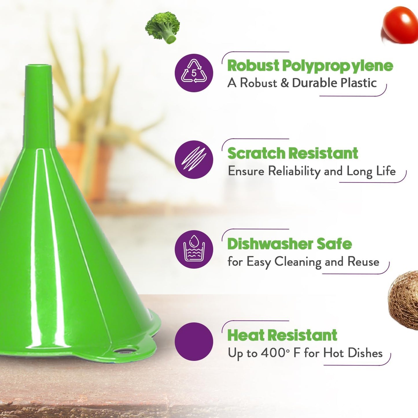 Crisp 2-Piece Funnel Set - All Purpose Funnels for Kitchen Use Filling Bottles - Durable & Dishwasher Safe Kitchen Funnel Set - Made in The USA - Bright Green