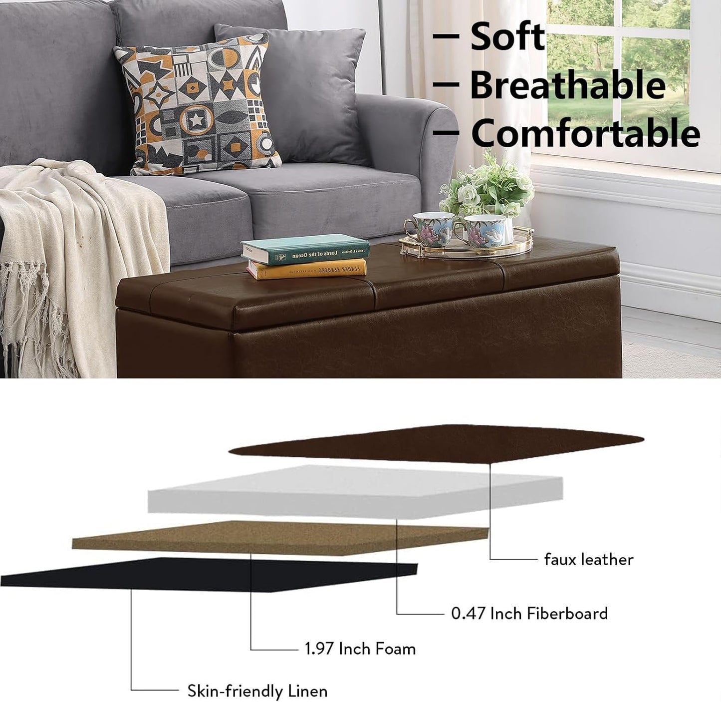 Ottoman with Storage Set of 3, 38'' Button Tufted Storage Ottoman with 2 Stools, Easy Open & Close w/Safety Hinges, Extra Seating Foot Rest for Living Room (Brown - PU Leather)