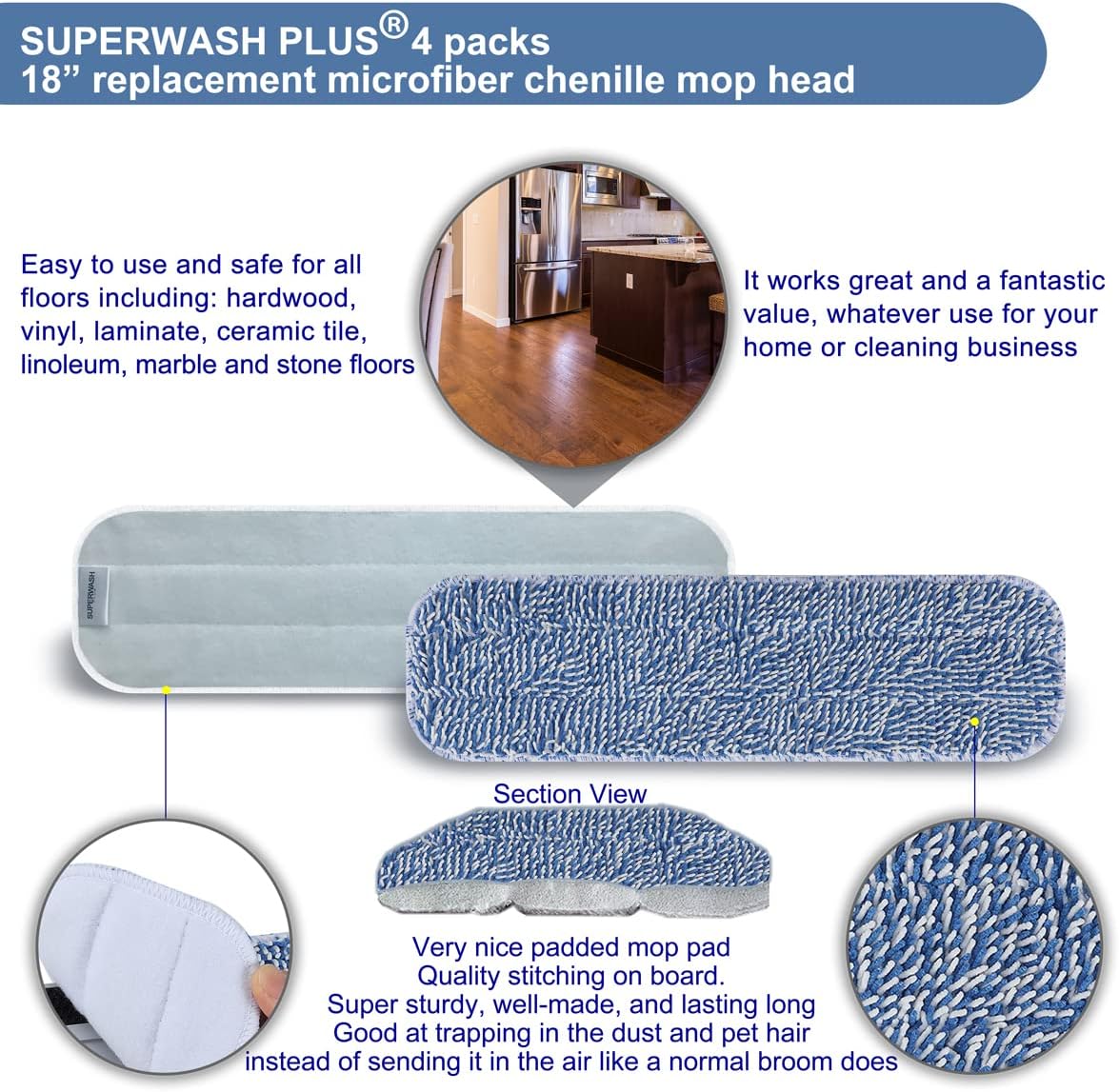 Replacement Microfiber Floor Cleaning Pads - 18''x5'' Dust Mop Refill Sweeping Pad Compatible with Bona Mop, Reusable Dry Mop Head Fits 17” to 18” Flat Mop - 4 Pack