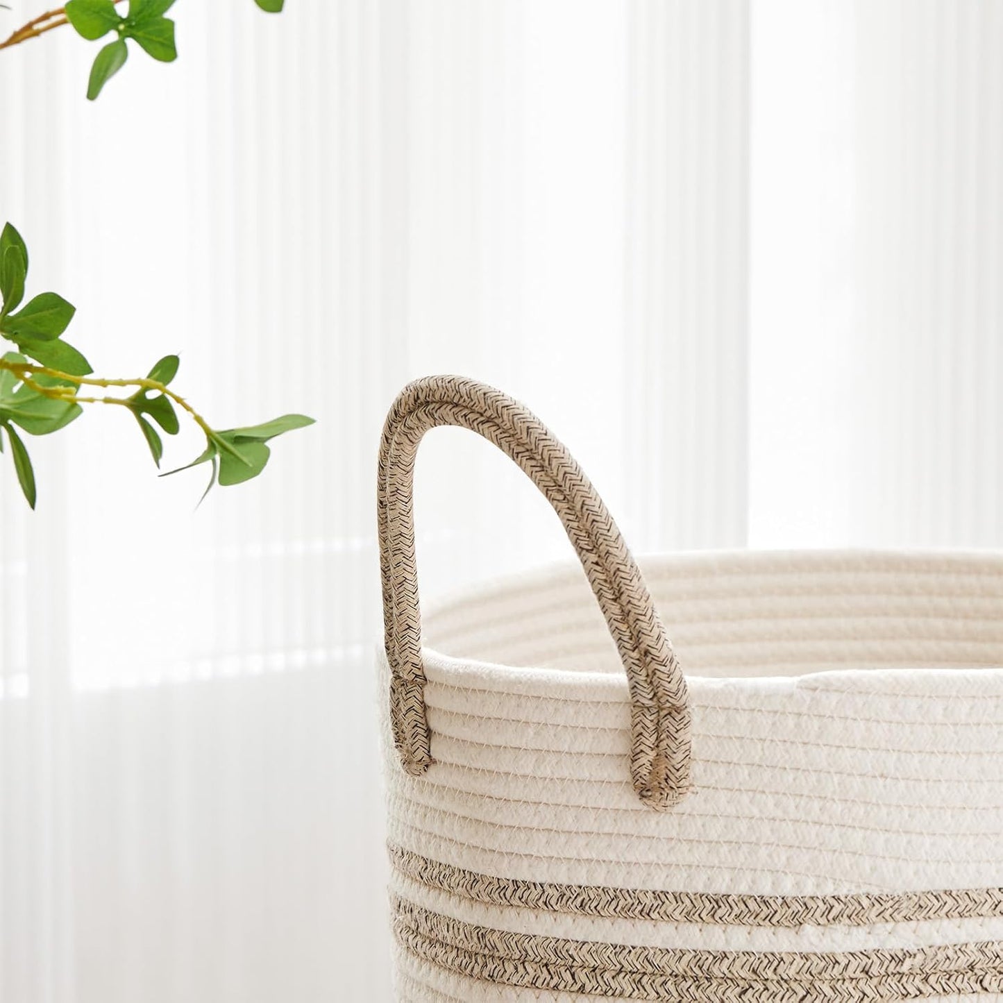 VIPOSCO Large Laundry Hamper, Tall Woven Rope Storage Basket for Blanket, Toys, Dirty Clothes in Living Room, Bathroom, Bedroom - 53L Brown & White