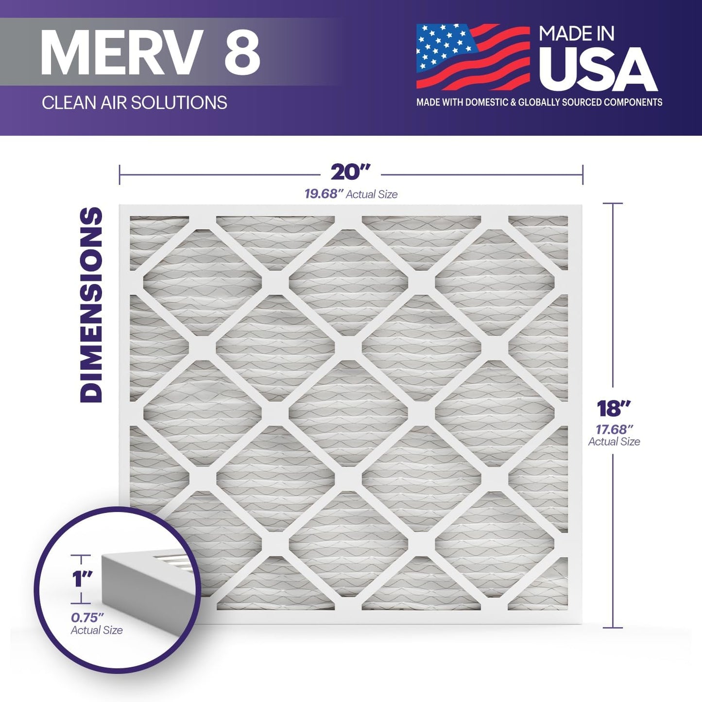 BNX TruFilter 18x20x1 Air Filter MERV 8 (6-Pack) - MADE IN USA – Dust & Pet Defense Electrostatic Pleated Air Conditioner HVAC AC Furnace Filters for Dust, Pet, Mold, Pollen MPR 600 – 700 & FPR 5