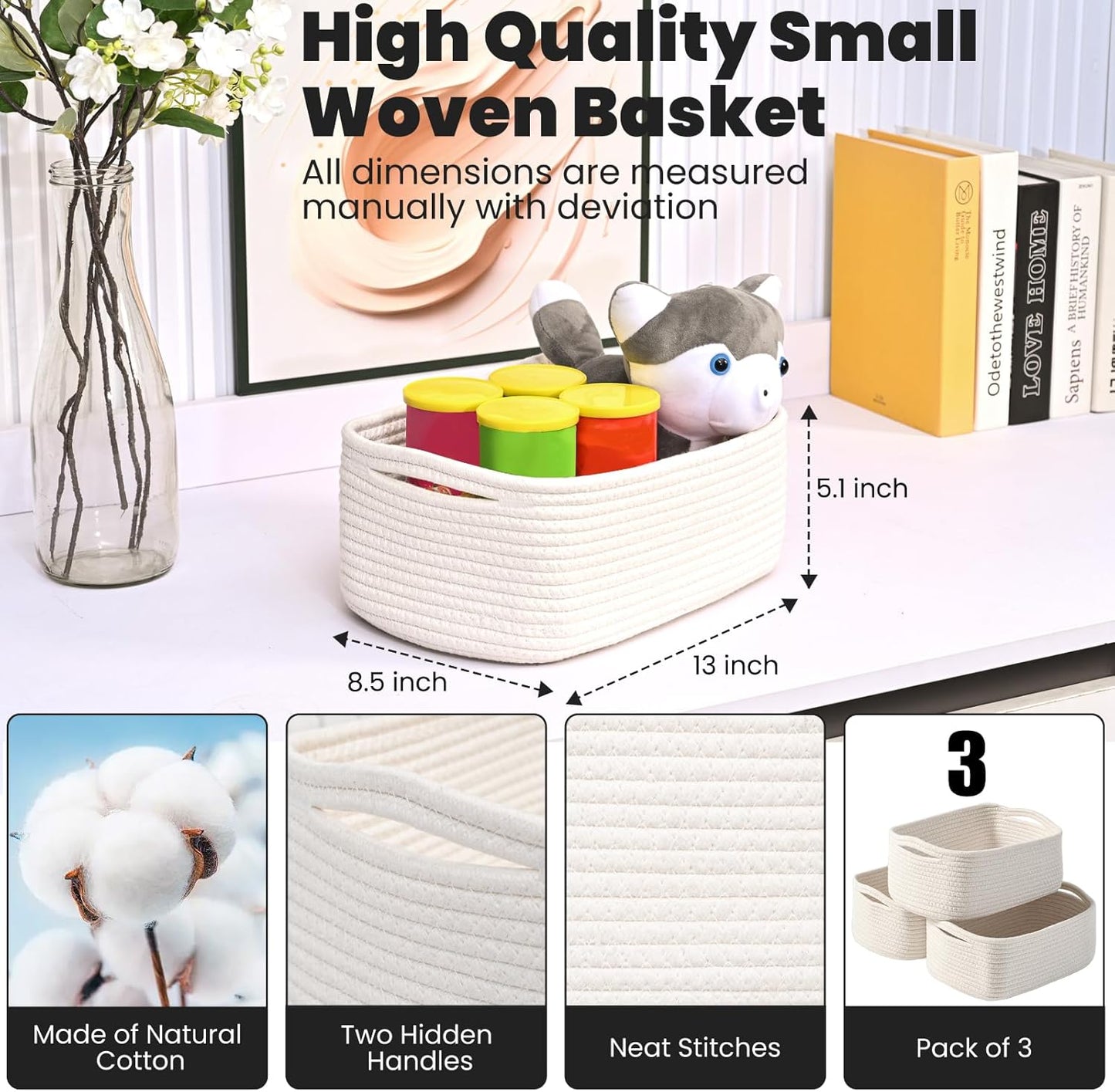 Small Storage Baskets for Organizing, Organizing Baskets for Shelves, Small Cute Basket for Gifts Empty, Organizer Basket for Decor, 13"×8.5"×5.1" (3 Packs) Off White