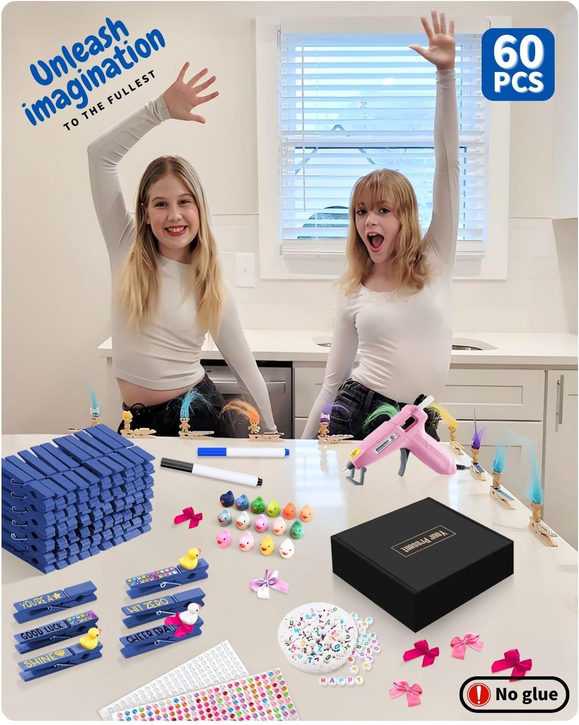 Cheer Pins for Backpack Cheer Stuff Kit 70 Blue Colored Clothes Pins with Mini Resin Ducks Bows Letter Beads Team Cheerleaders Gifts Bulk Pin Me Ribbon for Bag Decorations Competition Spirit Clips