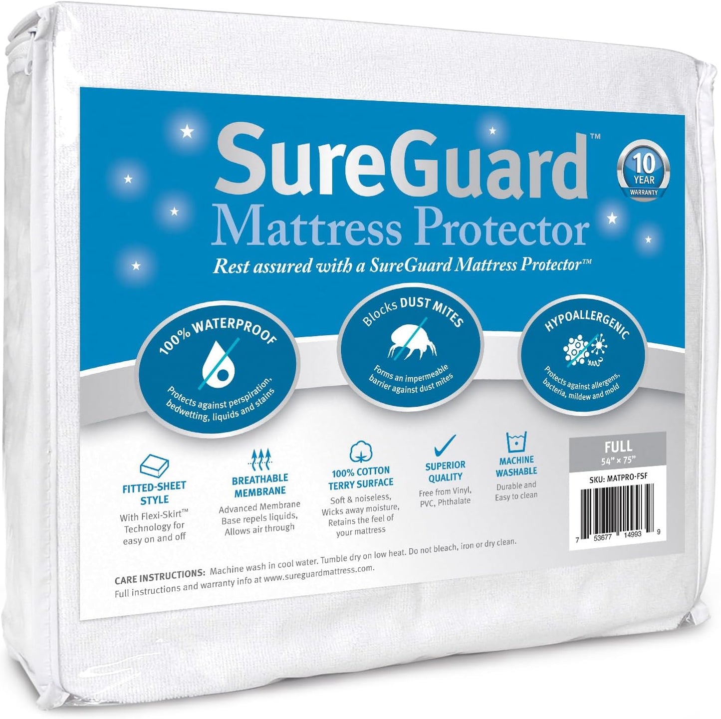 SureGuard Full Size Mattress Protector - 100% Waterproof, Hypoallergenic - Premium Fitted Cotton Terry Cover White