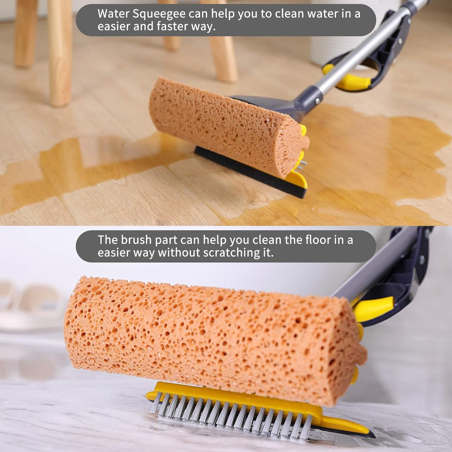 Yocada Sponge Mop Home Commercial Use Tile Floor Bathroom Garage Cleaning Total 3 Sponge Heads Squeegee and Extendable Telescopic Long Handle 42.5 to 52 Inches Easily Dry Wringing Only 3 Heads