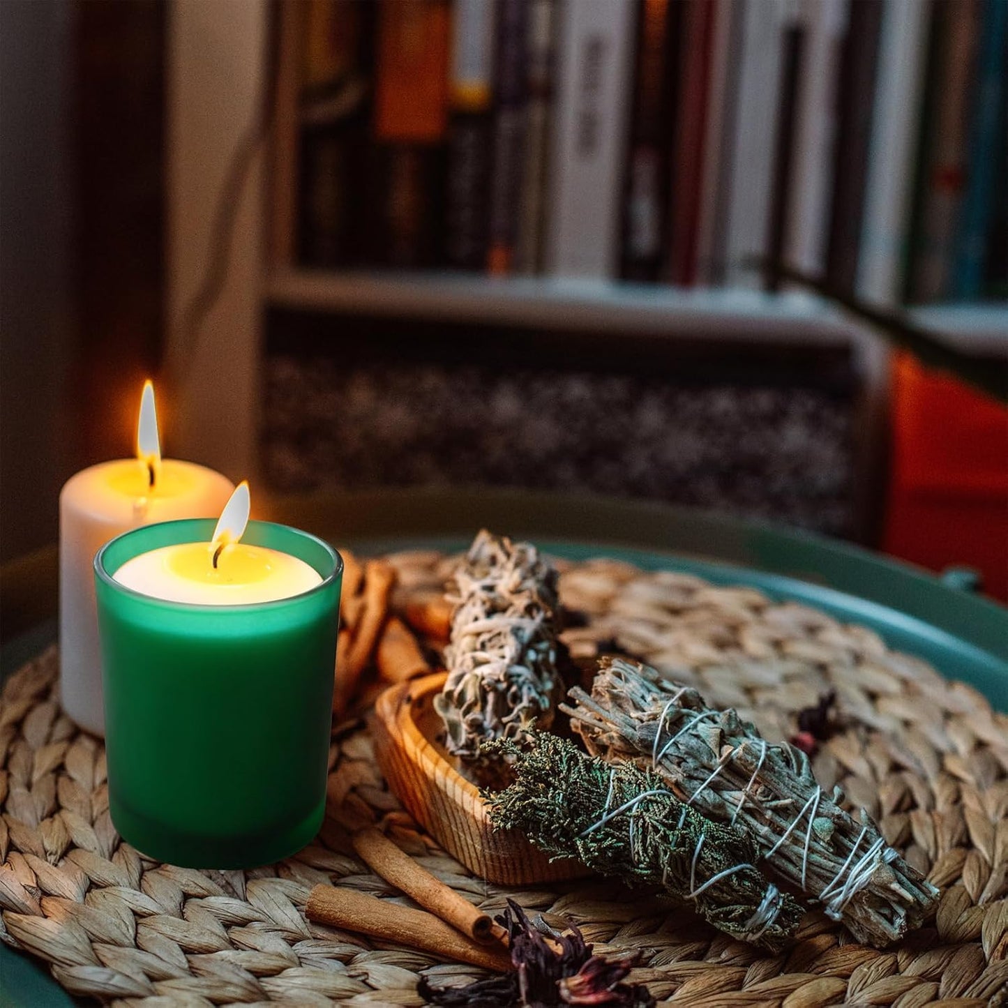 SHOWIN 14 OZ Thick Candle Jars for Making Candles 12 Pcs, 3 Wick Empty Jars with Wood Lids for Candle Making, Sample Container, Frosted Green