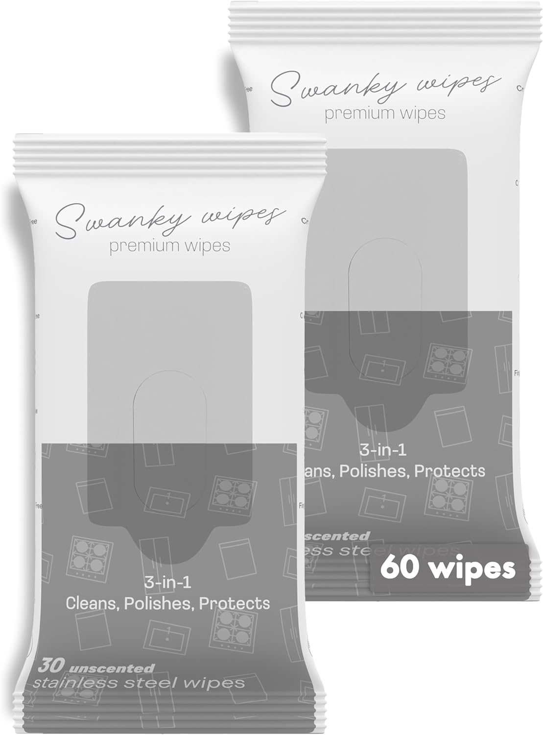 Swanky Stainless Steel Cleaner Wipes - Grime & Grease Remover Kitchen Cleaning Supplies - Clean & Shine, For Stove Top, Refrigerator, Sink, Oven, & Household Appliances - Soft Wipes, 60 Count