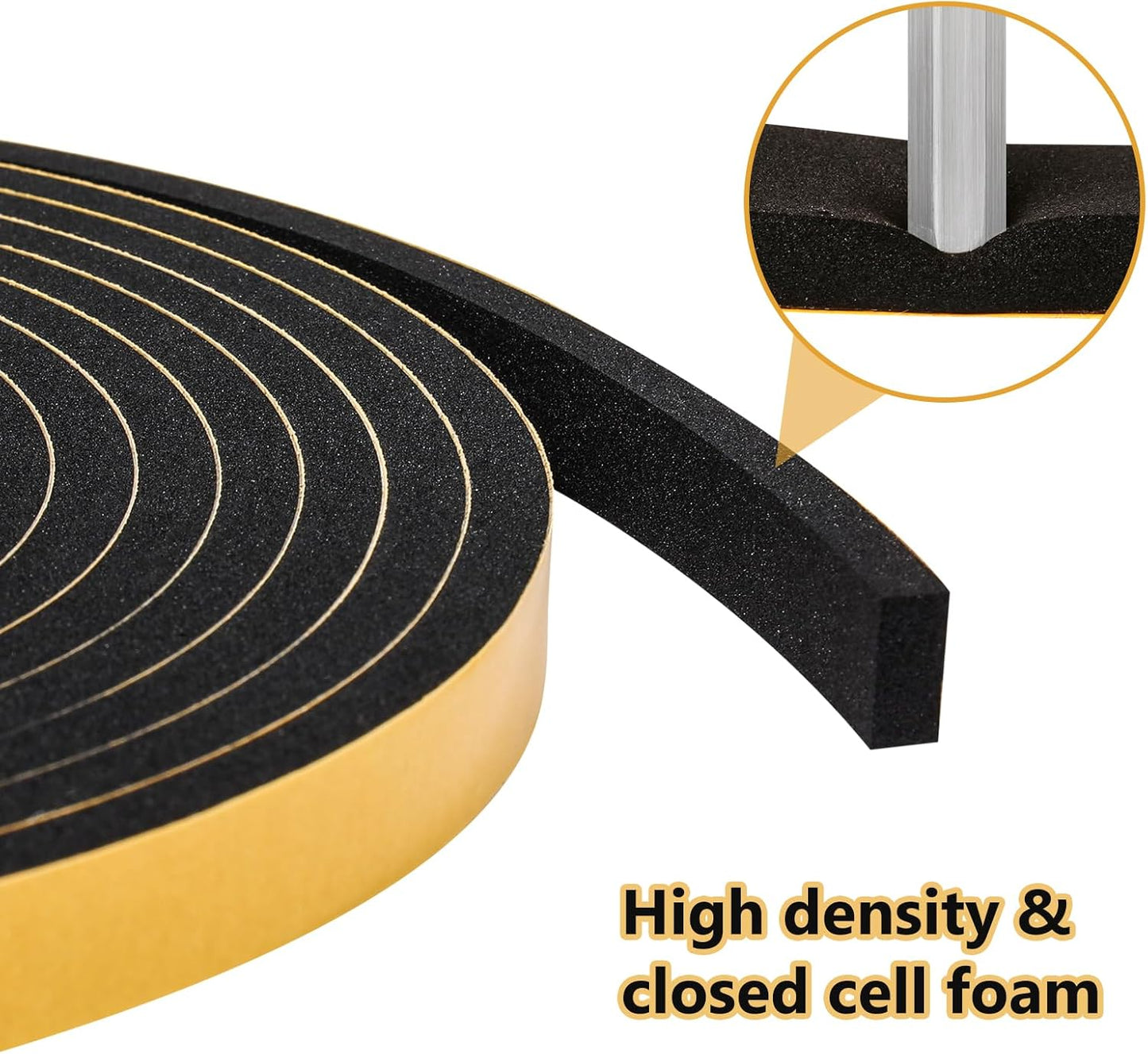 Black Weather Stripping Door Seal Strip (3/5 Inch X 1/4 Inch X 16Feet), Strong Adhesive, Lightproof, Soundproof, Weatherproof Foam Tape Insulation for Sliding Door, Front Door Frame, Windows