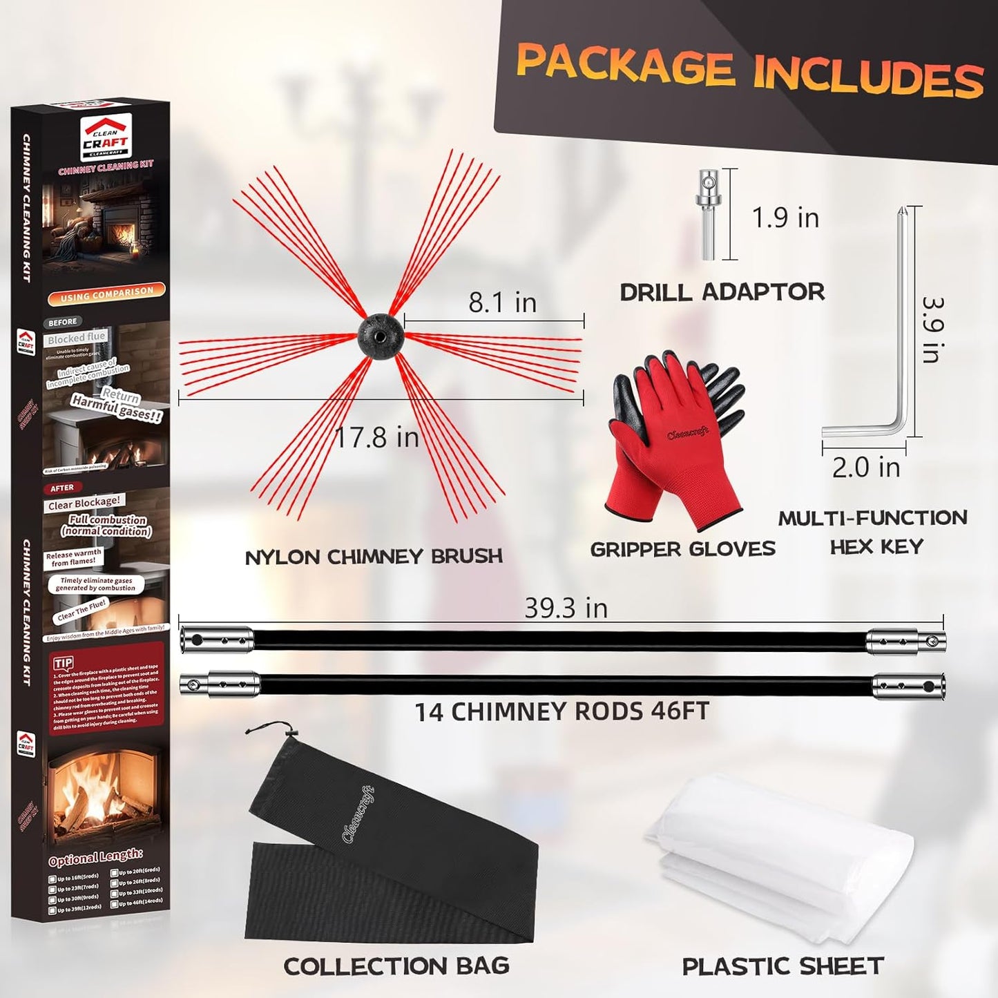 46 Feet Chimney Sweep Kit, Chimney Cleaning Kit with 14 Flexible Black Chimney Rods, Chimney Brush, Rotary Chimney Cleaning System Driven by Drill for Sweeping Fireplace