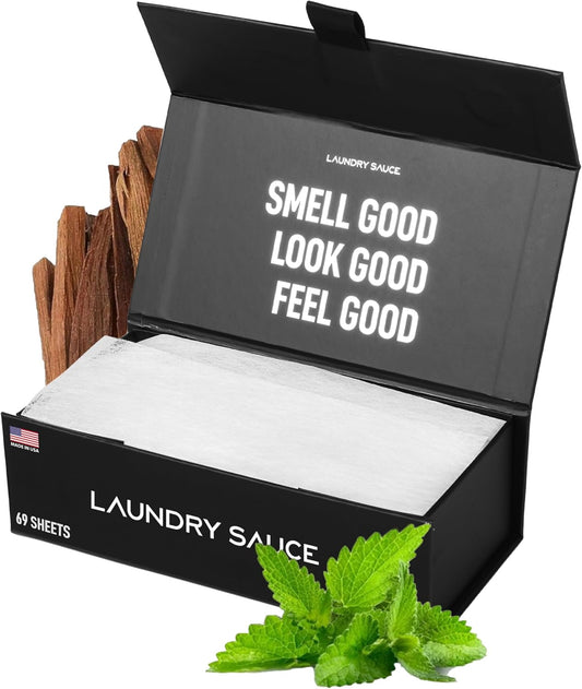 Laundry Sauce - Laundry Dryer Sheets (Australian Sandalwood), Luxury Fragrance, Contains Essential Oils, Softens Fabric, Removes Static Cling, Eco-Friendly Packaging, Travel Friendly, 69 Count