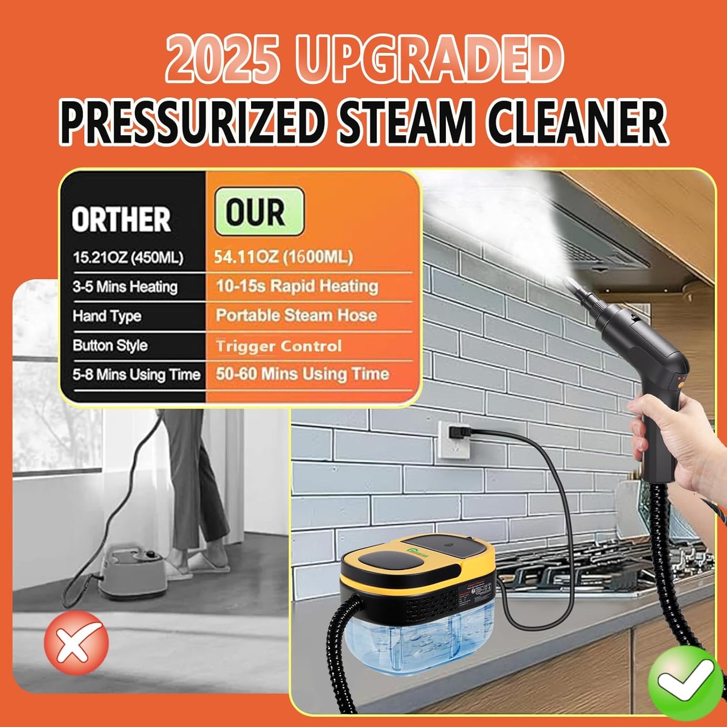 Handheld Steam Cleaner, 10s Fast Heating Steamer for Cleaning, 1.6L Water Tank, 3 Levels Adjustable Handle, 11-in-1 Steam Cleaner for Home, Kitchen, Dirt, Grease, Grout, Tile, Floor, Couch and Car