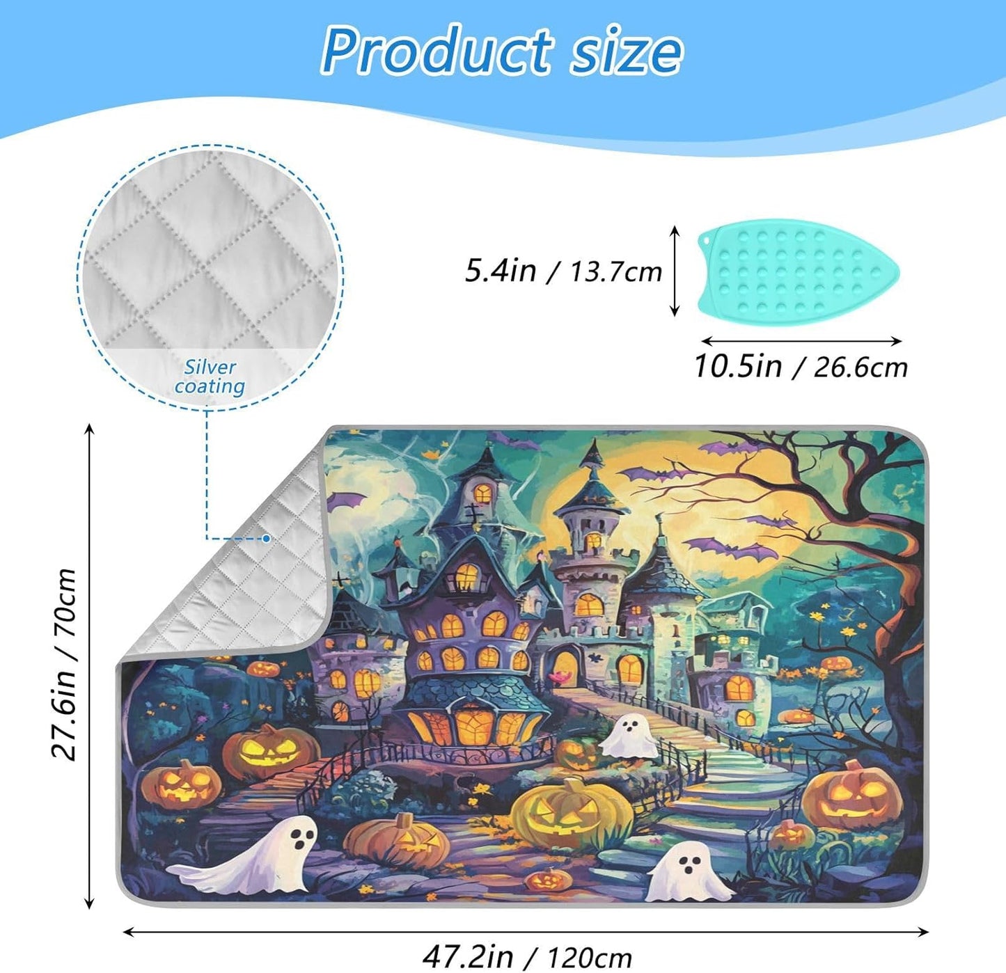 Cute Cartoon Halloween Bat Castle Ghost Pumpkin Ironing Mat Thickened Ironing Blanket Travel Portable Double-Side Using Ironing Pad Travel Isolate Heat Pad Cover for Washer Dryer Table Top Coun