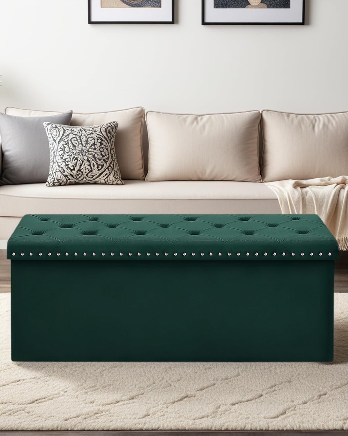 Velvet Storage Ottoman Bench, 43.3" Folding Ottoman with Rivet Trim, Heavy-Duty Upholstered Entryway Bench, Sturdy Footrest and Seat for Bedroom, Living Room, Holds up to 660 LBS, Green